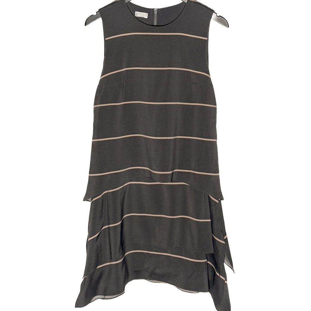 Brunello Cucinelli Grey Peach Stripes Silk Sleeveless Dress